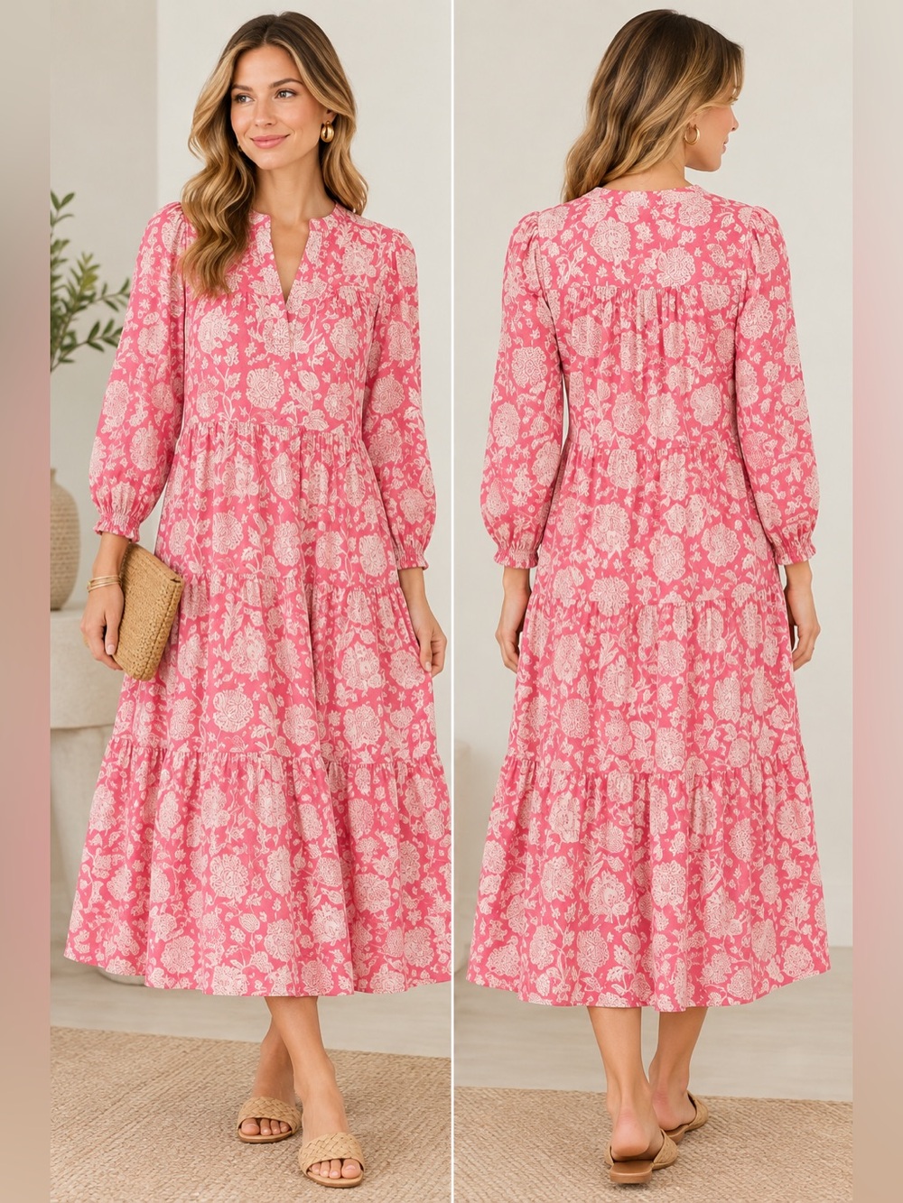 Madison Mathews Pink Floral Block Print Tiered Midi Dress Size XS